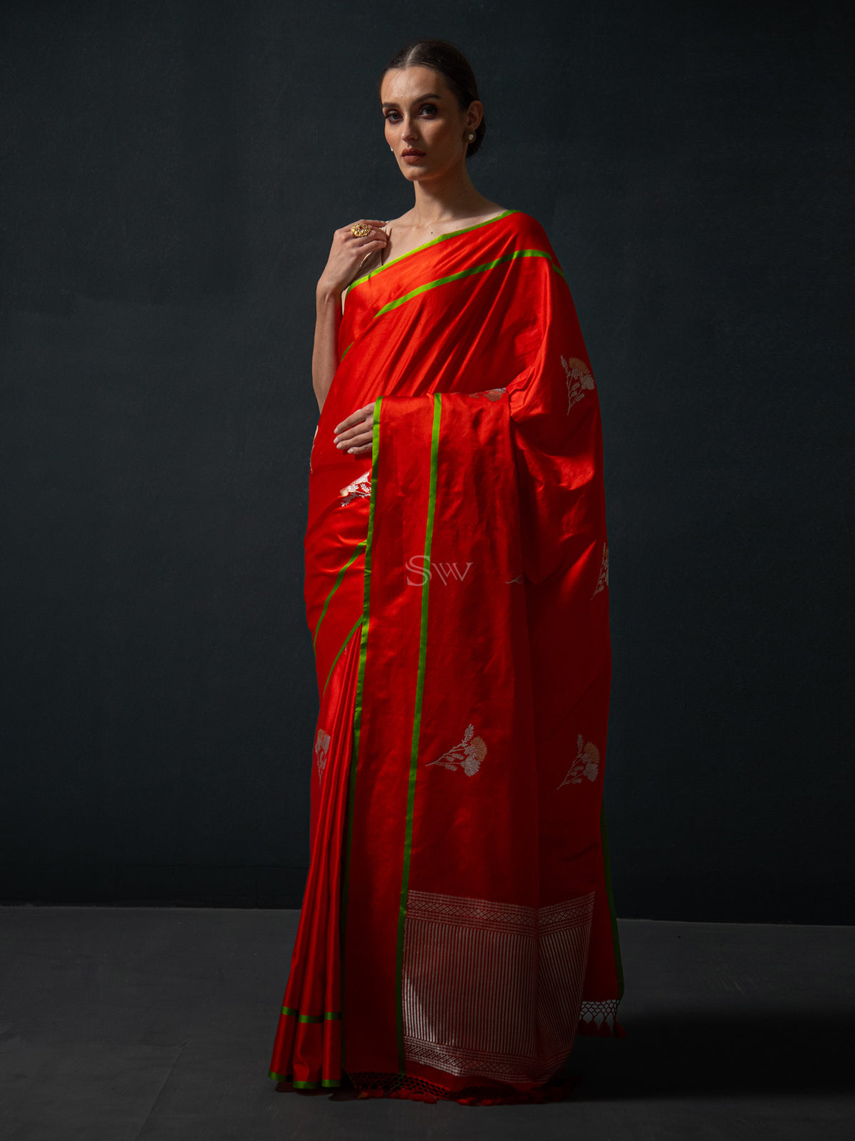 Orange Boota Satin Silk Handloom Banarasi Saree - Sacred Weaves