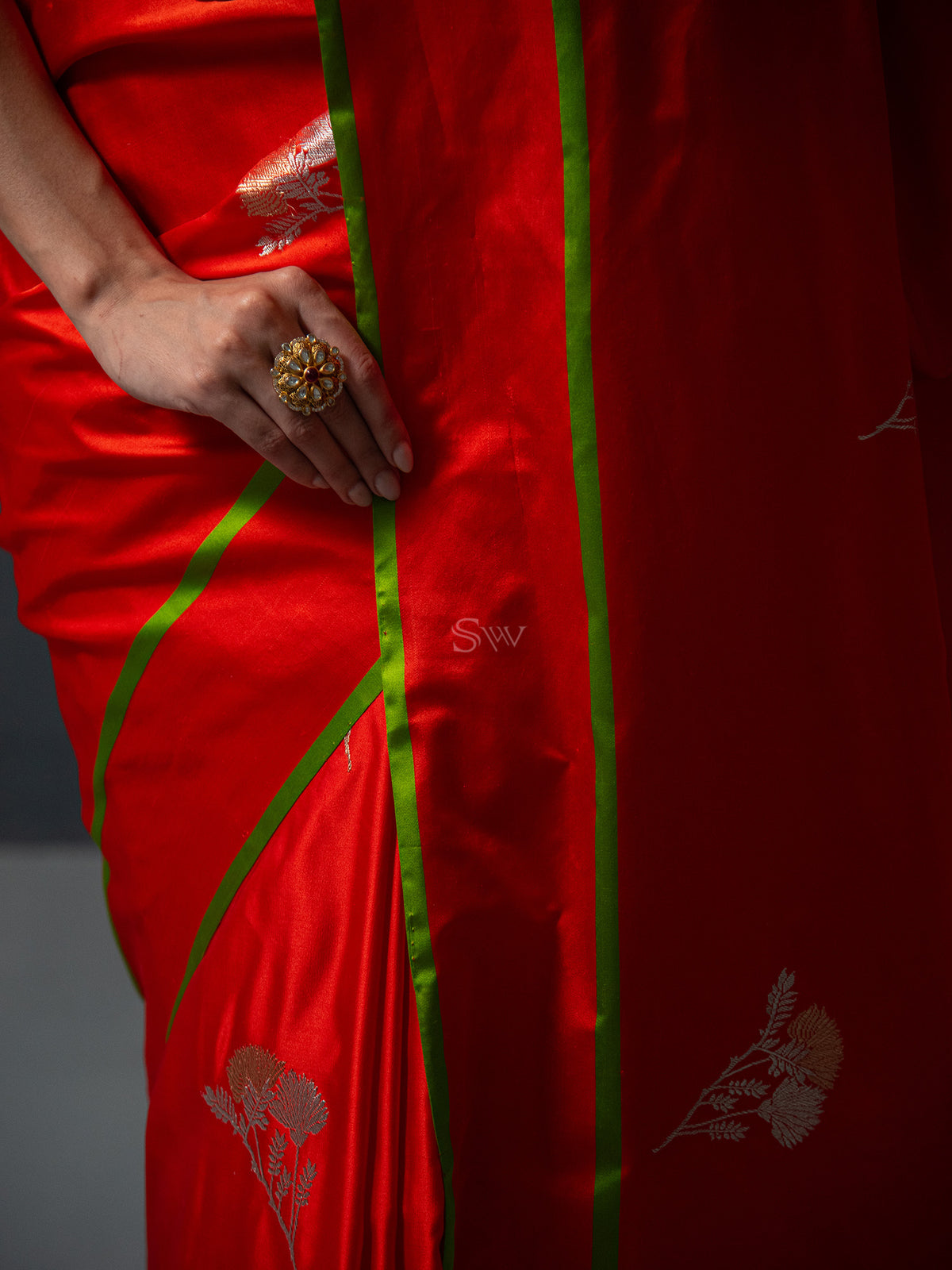 Orange Boota Satin Silk Handloom Banarasi Saree - Sacred Weaves