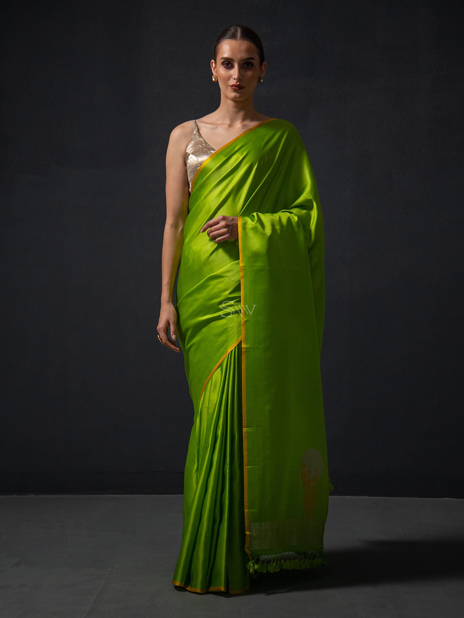 Parrot Green Plain Satin Silk Handloom Banarasi Saree - Sacred Weaves