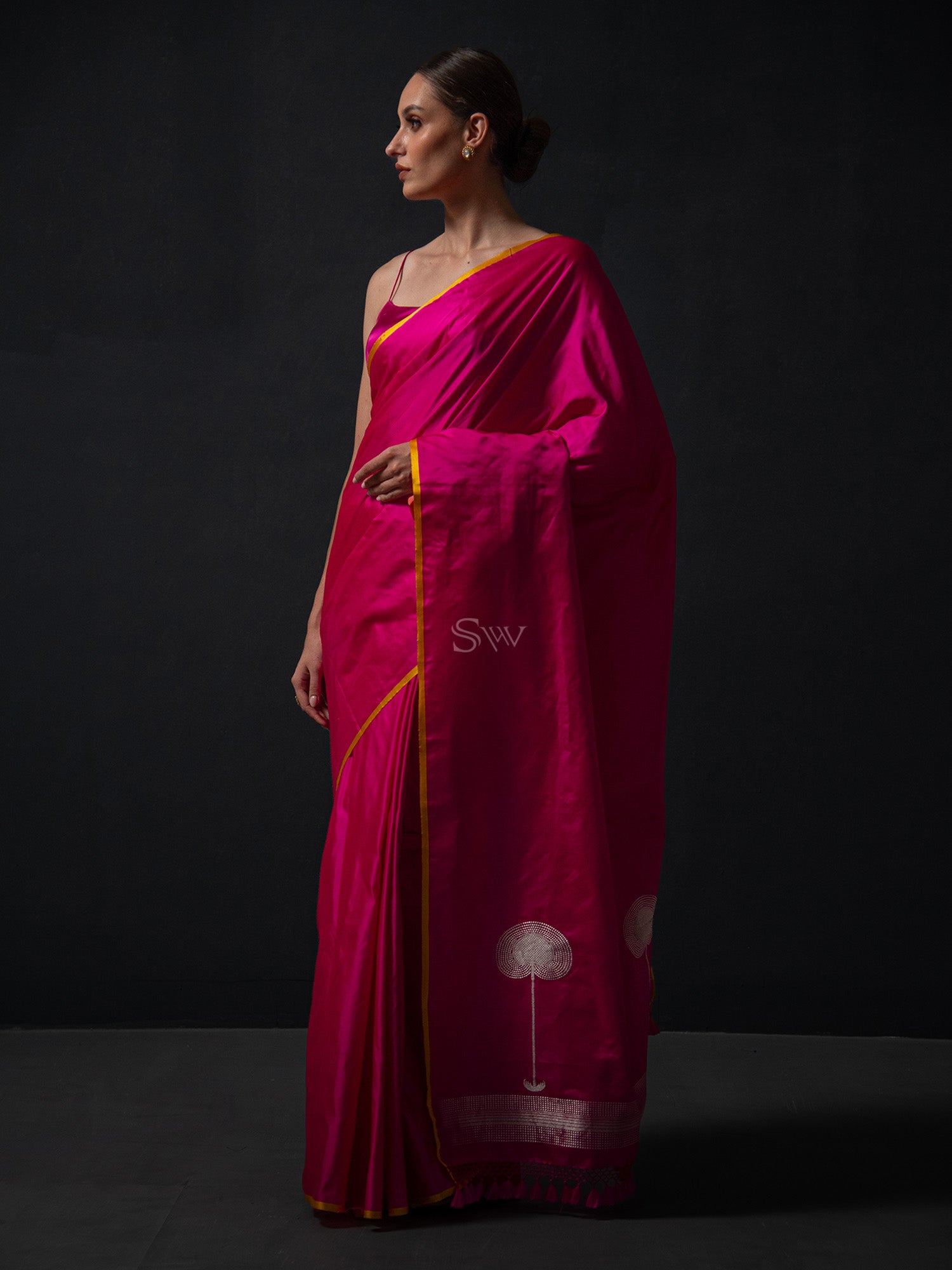 Magenta Plain Satin Silk Handloom Banarasi Saree - Sacred Weaves