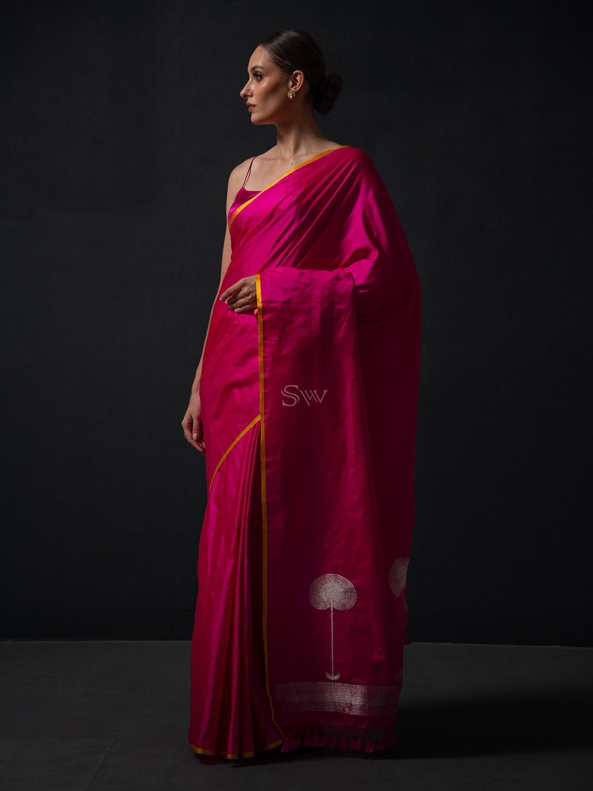 Magenta Plain Satin Silk Handloom Banarasi Saree - Sacred Weaves