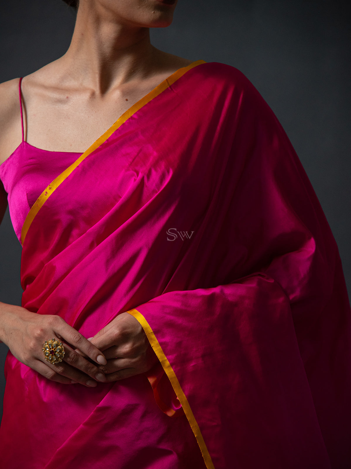 Magenta Plain Satin Silk Handloom Banarasi Saree - Sacred Weaves