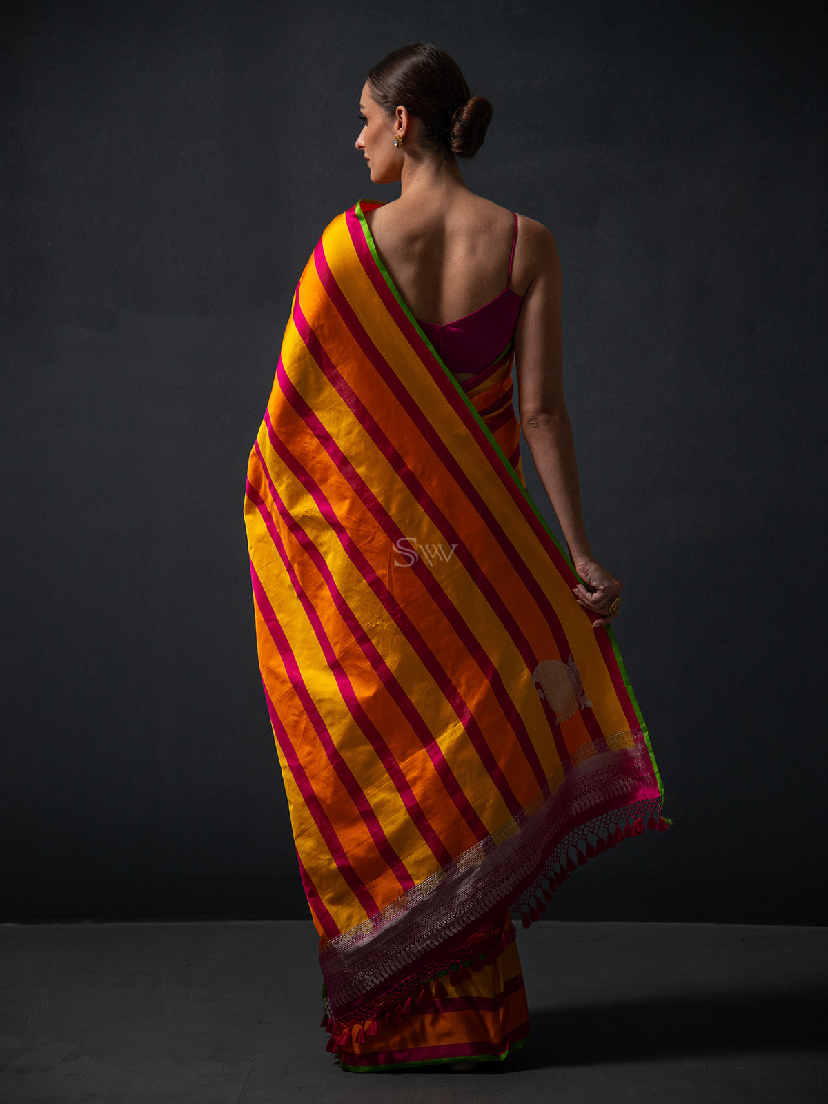 Mustard Orange Konia Satin Silk Handloom Banarasi Saree - Sacred Weaves