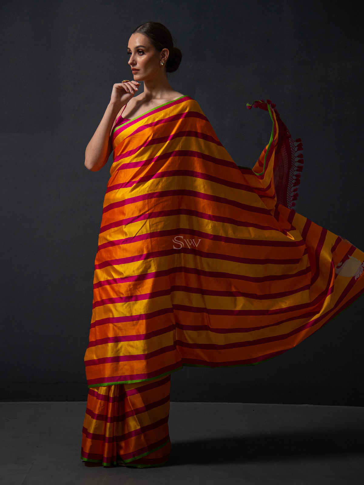 Mustard Orange Konia Satin Silk Handloom Banarasi Saree - Sacred Weaves
