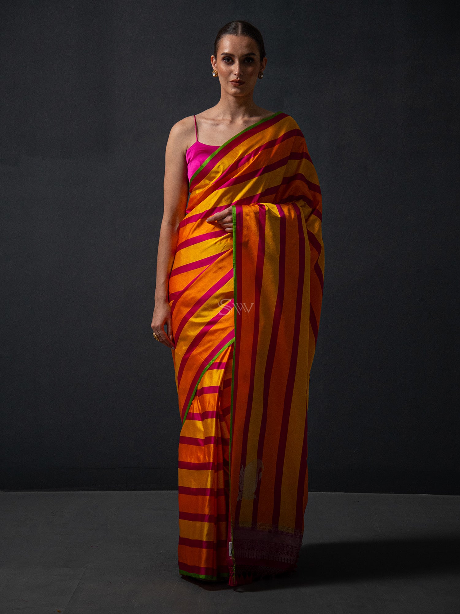 Mustard Orange Konia Satin Silk Handloom Banarasi Saree - Sacred Weaves