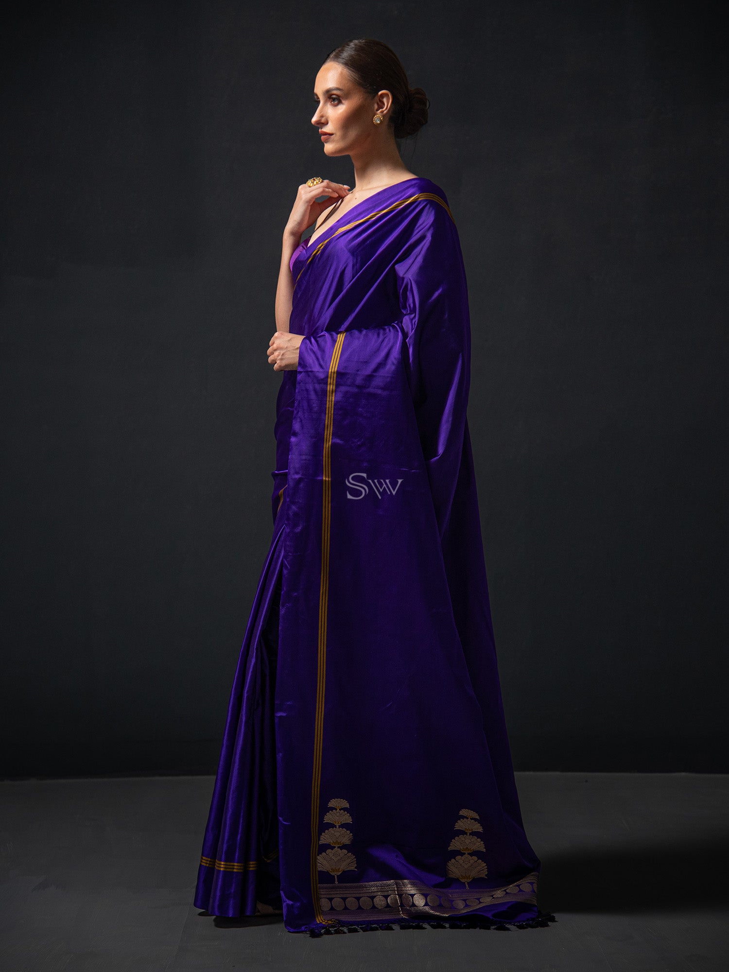 Purple Plain Satin Silk Handloom Banarasi Saree - Sacred Weaves