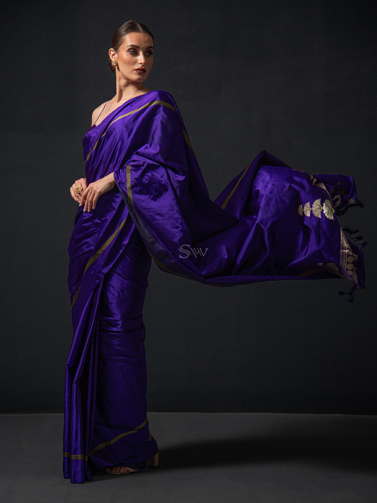 Purple Plain Satin Silk Handloom Banarasi Saree - Sacred Weaves