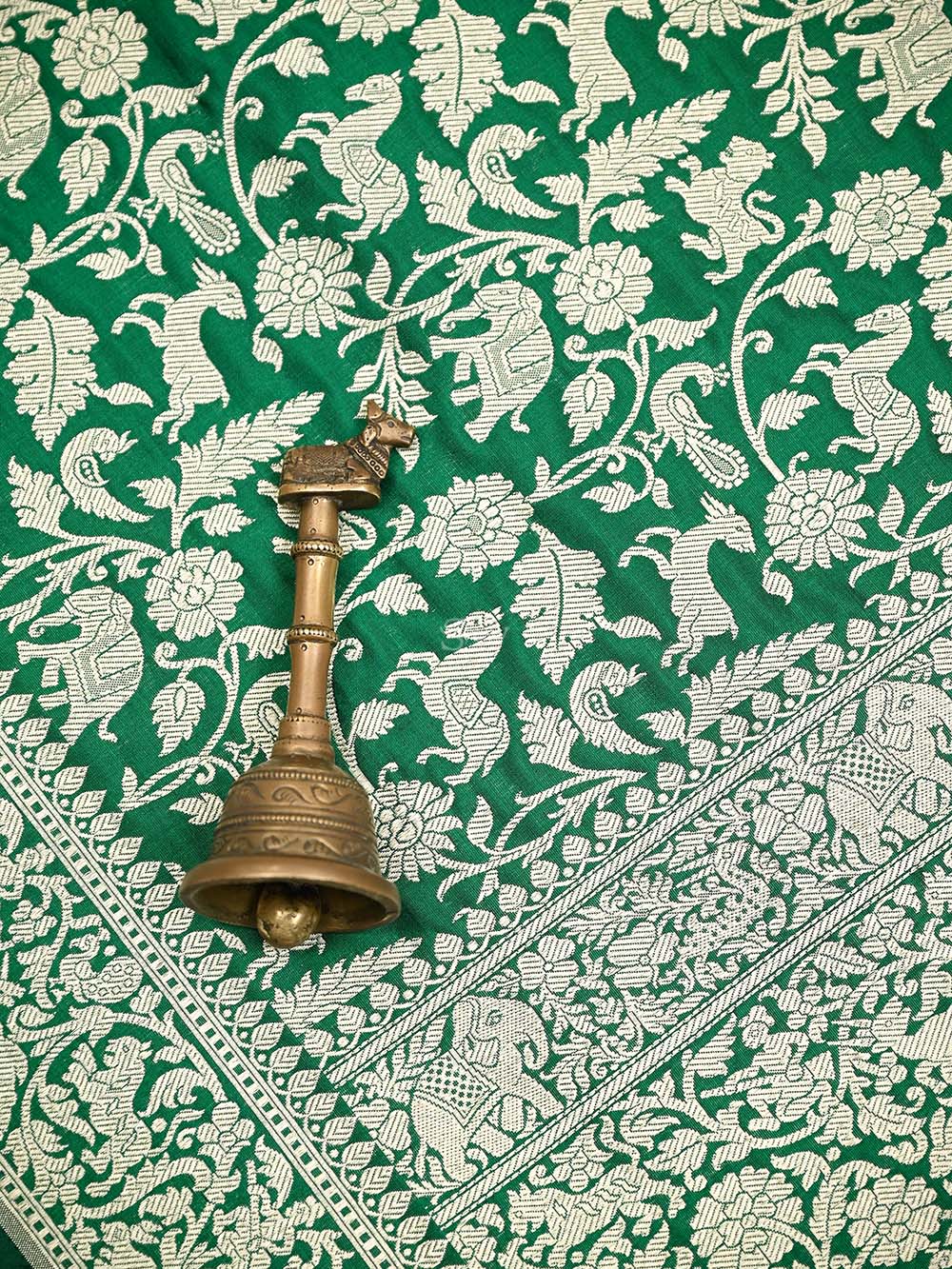 Bottle Green Shikargah Brocade Katan Silk Handloom Banarasi Saree - Sacred Weaves