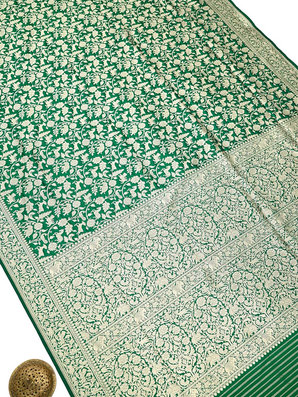 Bottle Green Shikargah Brocade Katan Silk Handloom Banarasi Saree - Sacred Weaves