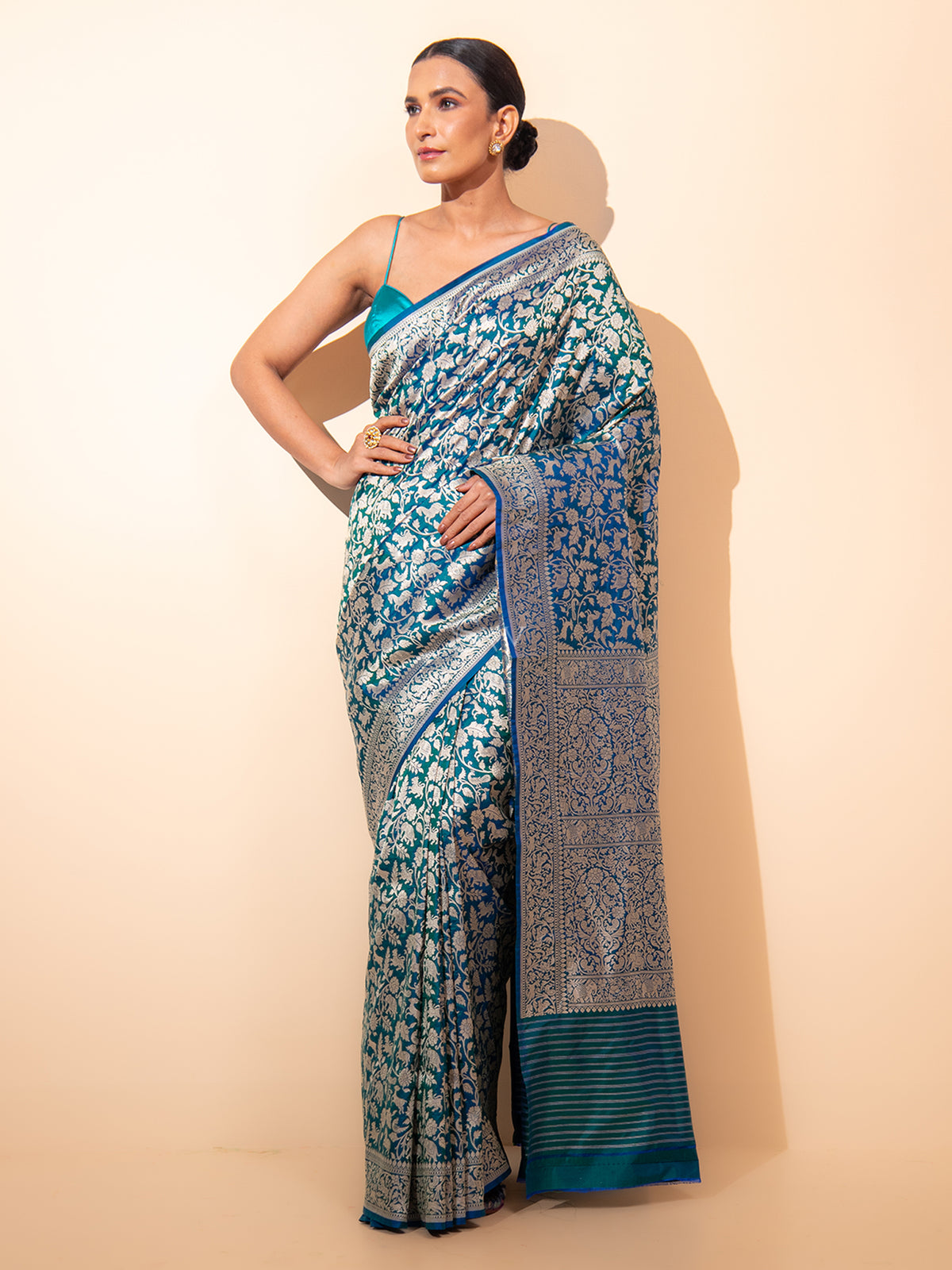 Green Royal Blue Shikargah Katan Silk Handloom Banarasi Saree - Sacred Weaves