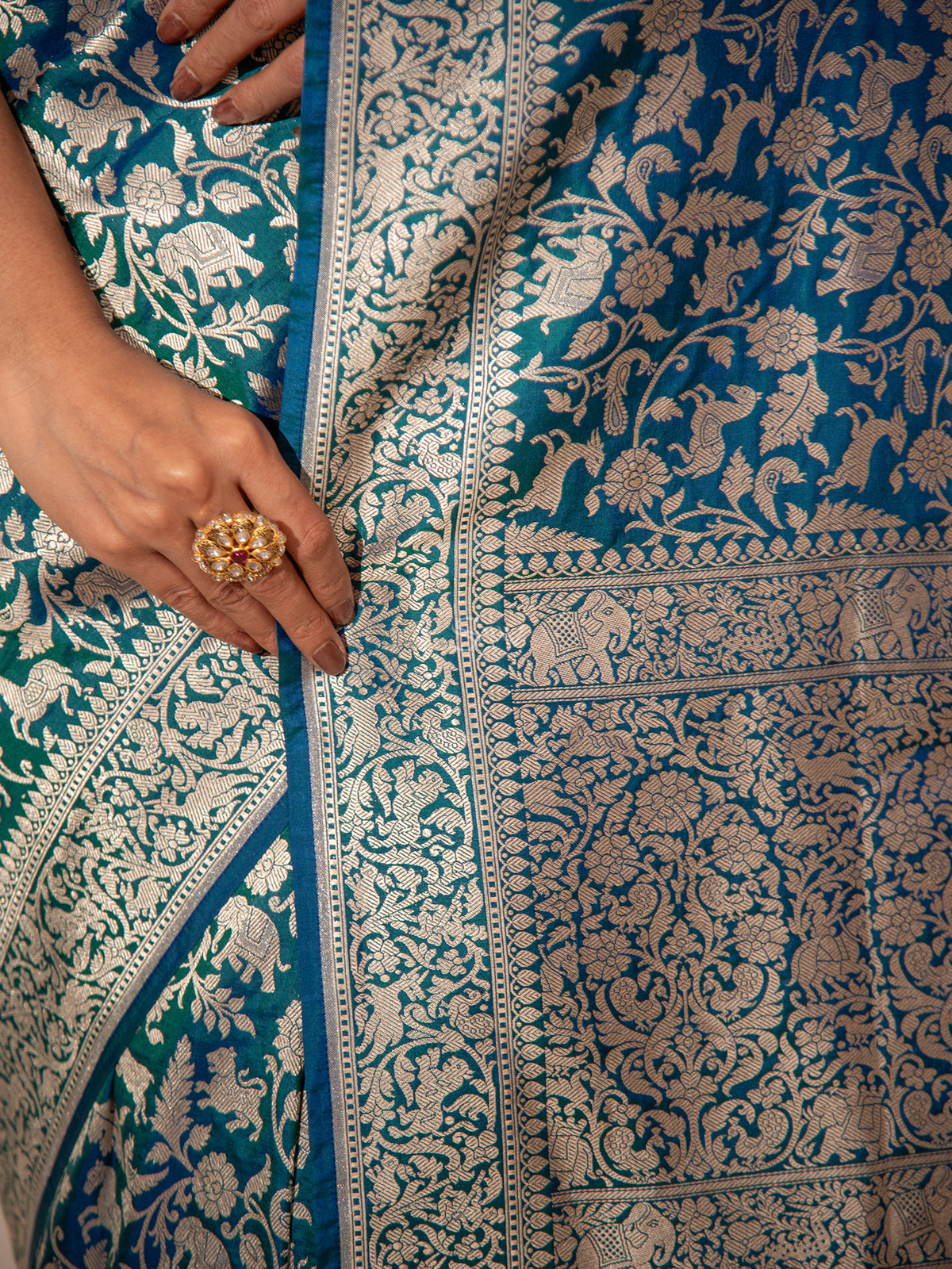 Green Royal Blue Shikargah Katan Silk Handloom Banarasi Saree - Sacred Weaves