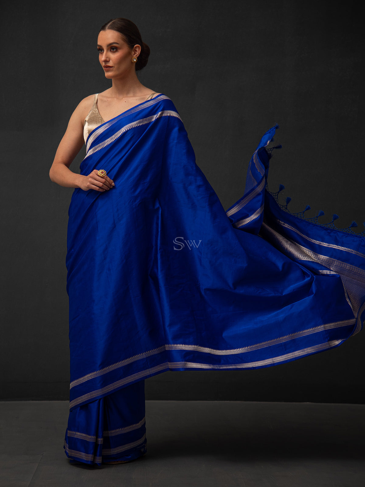 Royal Blue Plain Satin Silk Handloom Banarasi Saree - Sacred Weaves