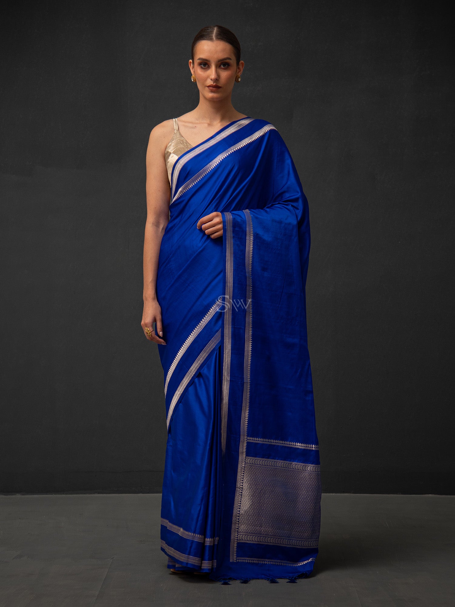 Royal Blue Plain Satin Silk Handloom Banarasi Saree - Sacred Weaves
