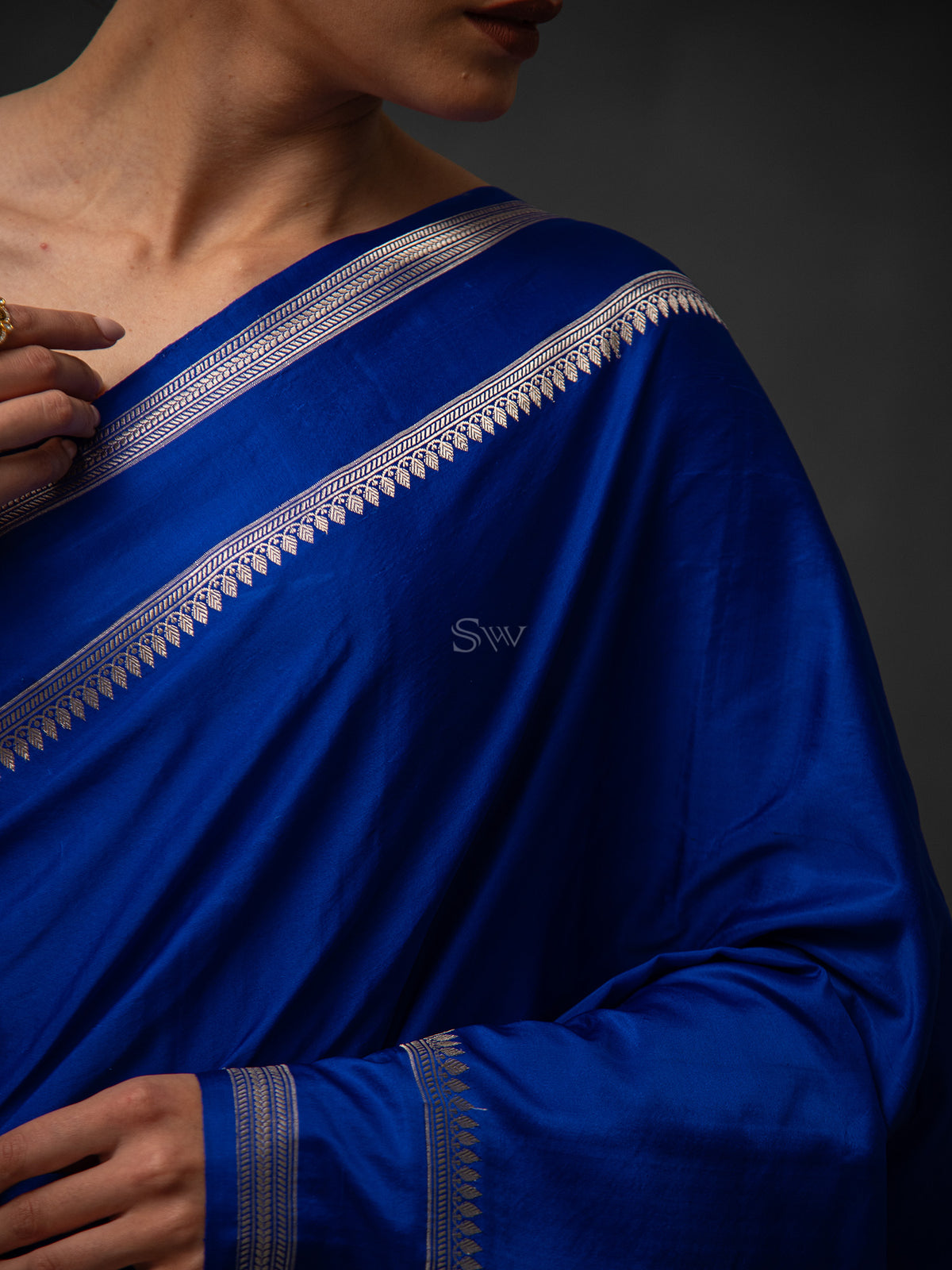 Royal Blue Plain Satin Silk Handloom Banarasi Saree - Sacred Weaves
