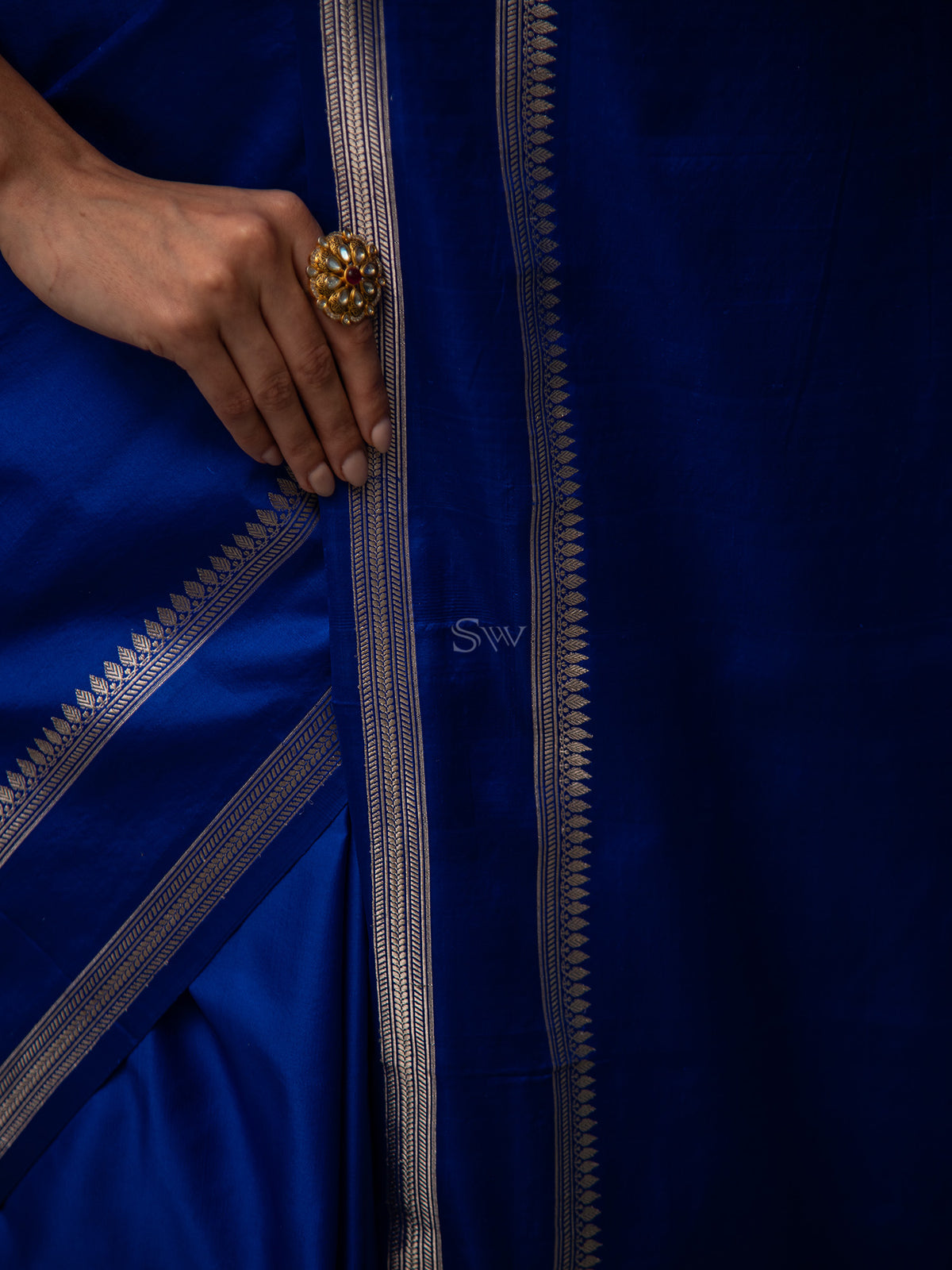 Royal Blue Plain Satin Silk Handloom Banarasi Saree - Sacred Weaves