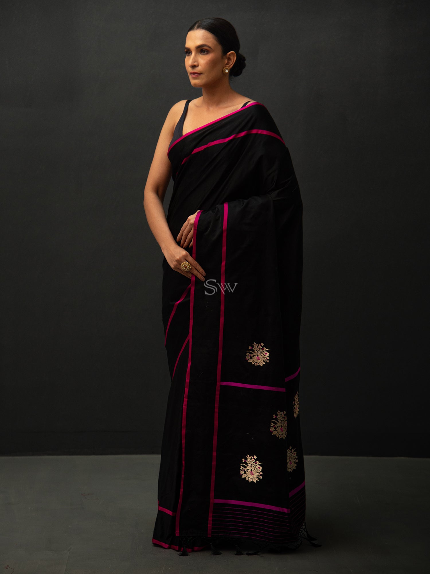 Black Meenakari Boota Satin Silk Handloom Banarasi Saree - Sacred Weaves