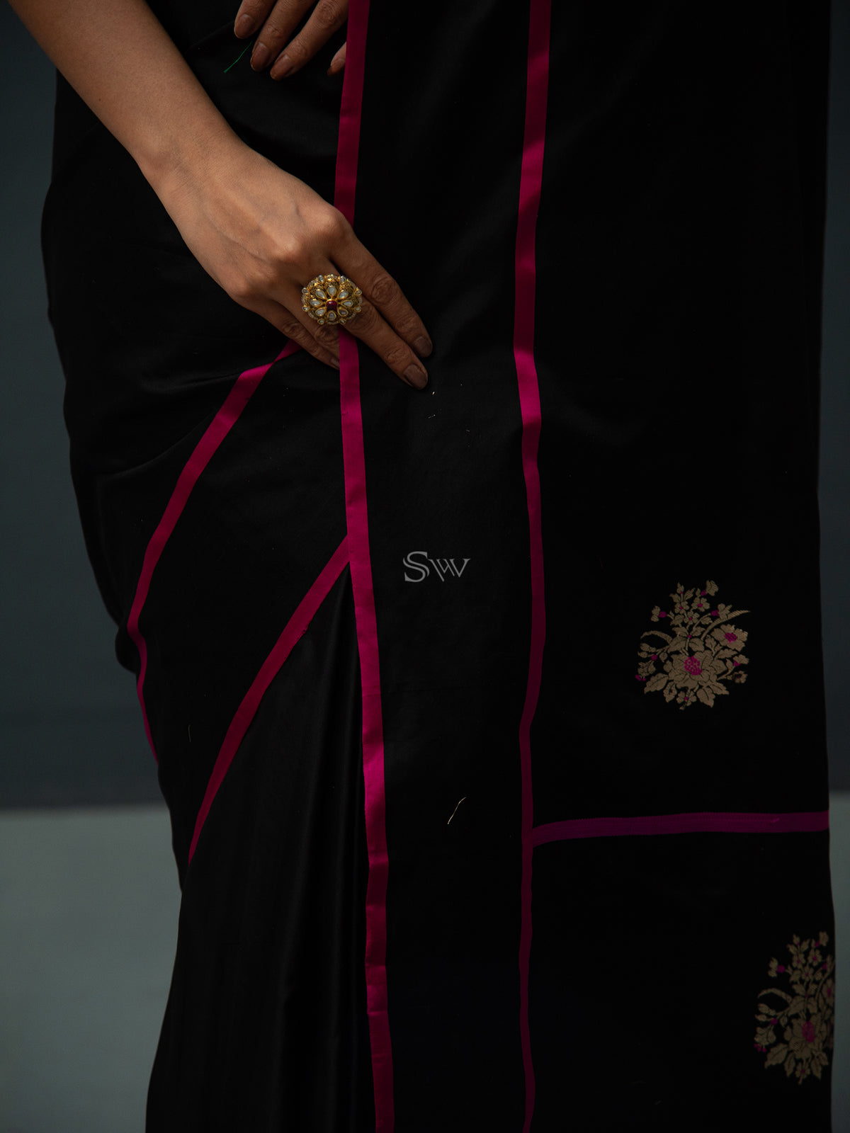 Black Meenakari Boota Satin Silk Handloom Banarasi Saree - Sacred Weaves
