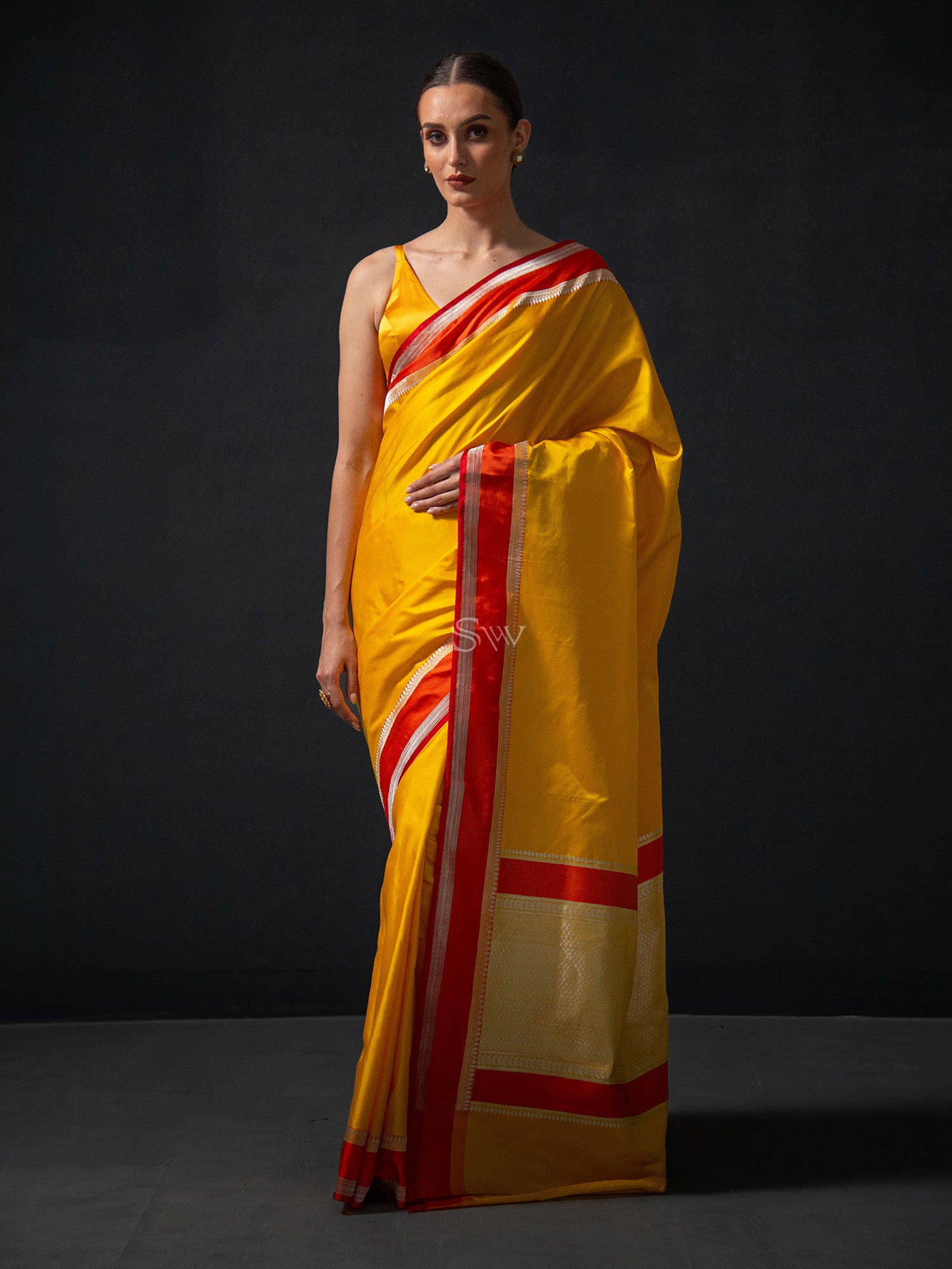 Yellow Plain Satin Silk Handloom Banarasi Saree - Sacred Weaves