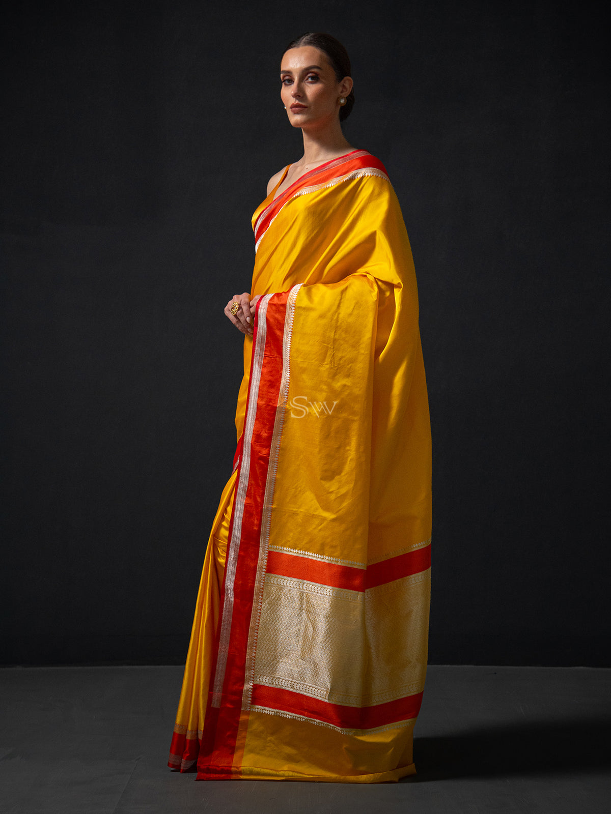 Yellow Plain Satin Silk Handloom Banarasi Saree - Sacred Weaves