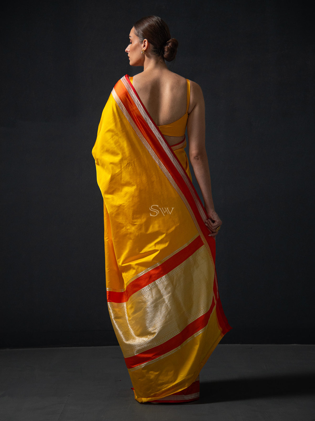 Yellow Plain Satin Silk Handloom Banarasi Saree - Sacred Weaves