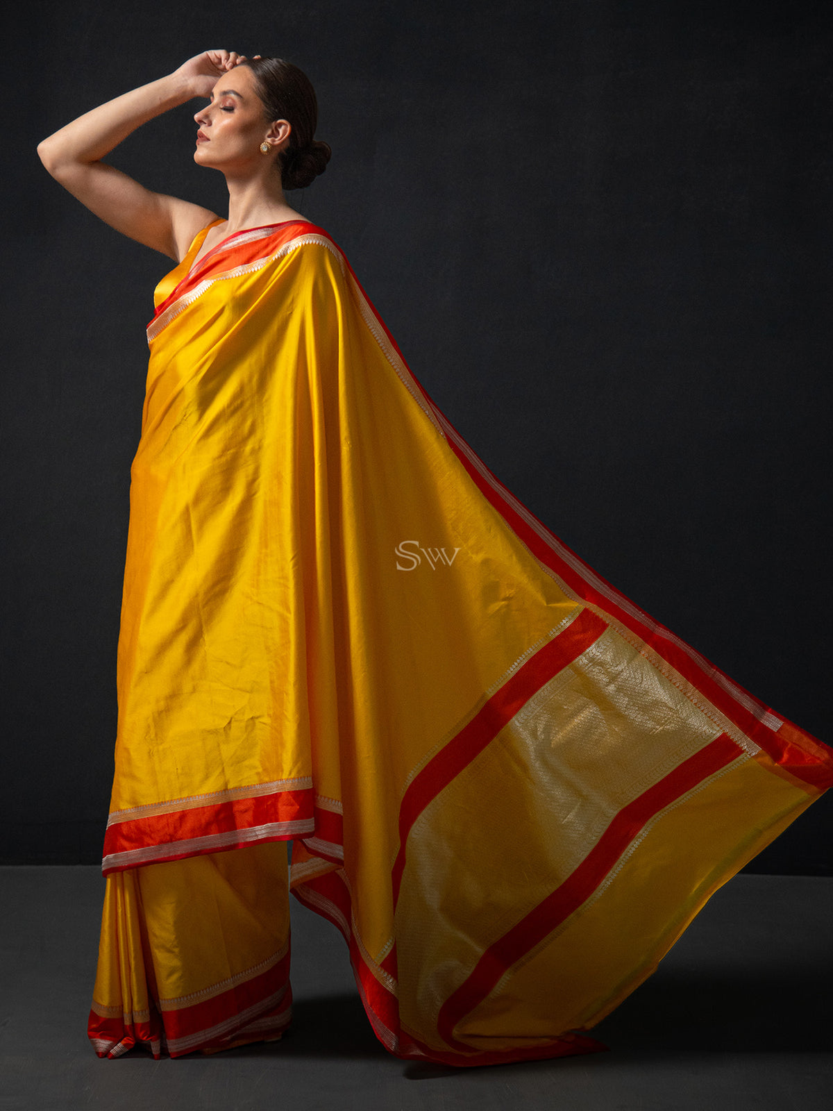 Yellow Plain Satin Silk Handloom Banarasi Saree - Sacred Weaves
