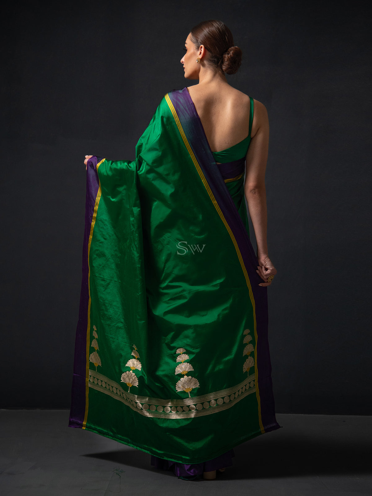 Bottle Green Plain Satin Silk Handloom Banarasi Saree - Sacred Weaves