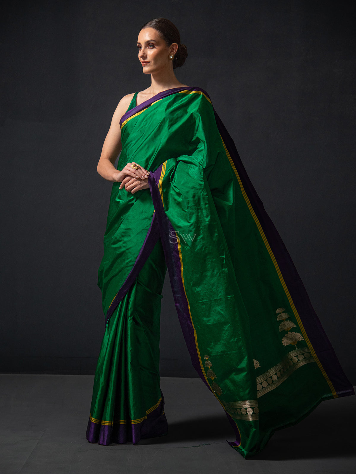Bottle Green Plain Satin Silk Handloom Banarasi Saree - Sacred Weaves