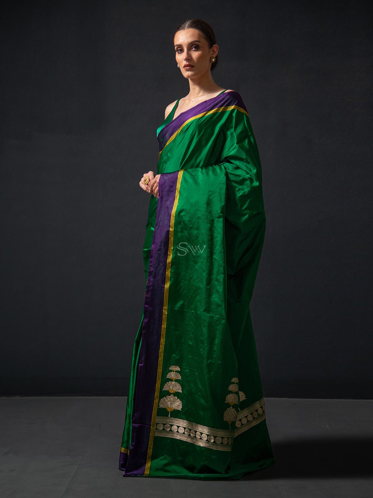 Bottle Green Plain Satin Silk Handloom Banarasi Saree - Sacred Weaves
