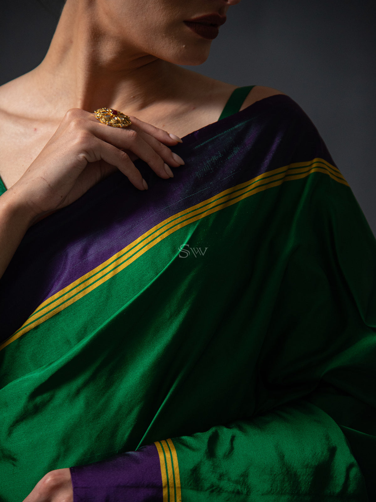 Bottle Green Plain Satin Silk Handloom Banarasi Saree - Sacred Weaves