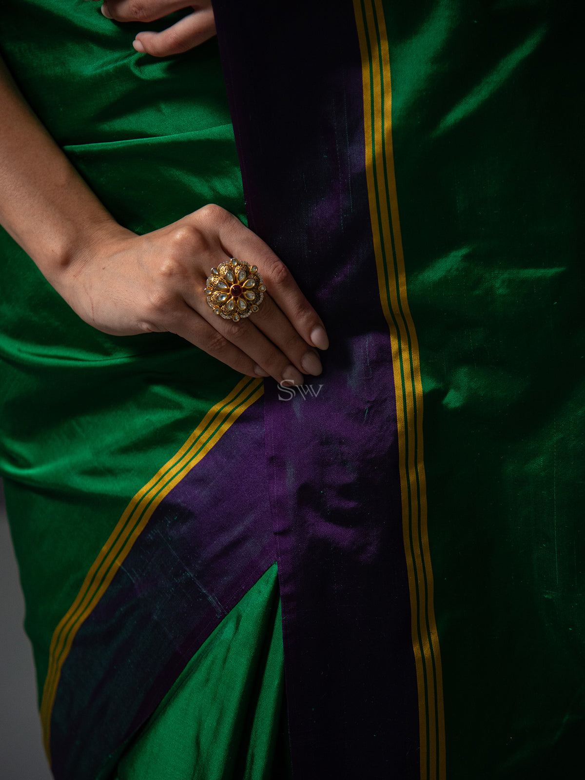 Bottle Green Plain Satin Silk Handloom Banarasi Saree - Sacred Weaves
