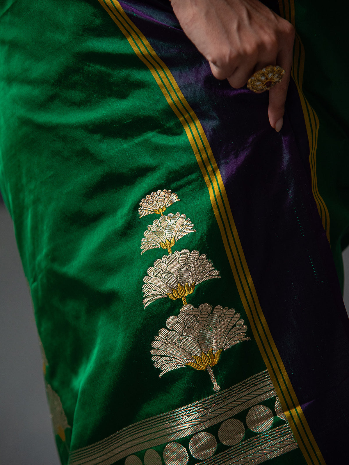 Bottle Green Plain Satin Silk Handloom Banarasi Saree - Sacred Weaves