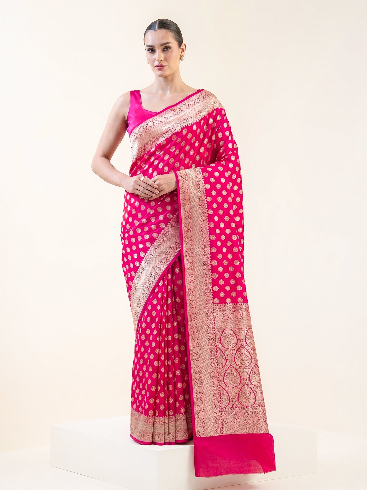Dark Pink Uppada Katan Silk Handloom Banarasi Saree - Sacred Weaves