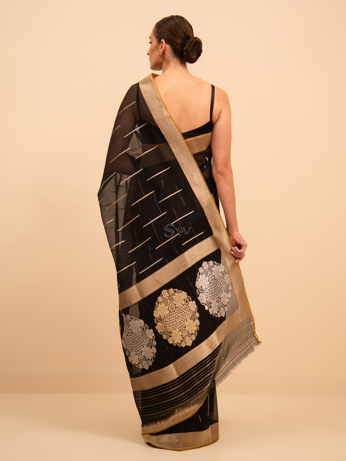 Black Stripe Organza Handloom Banarasi Saree - Sacred Weaves