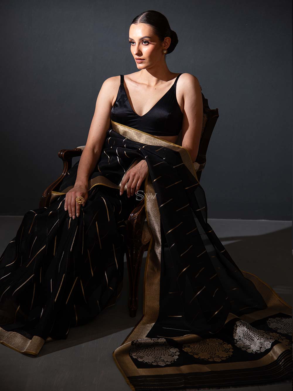 Black Stripe Organza Handloom Banarasi Saree - Sacred Weaves