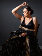 Black Stripe Organza Handloom Banarasi Saree - Sacred Weaves