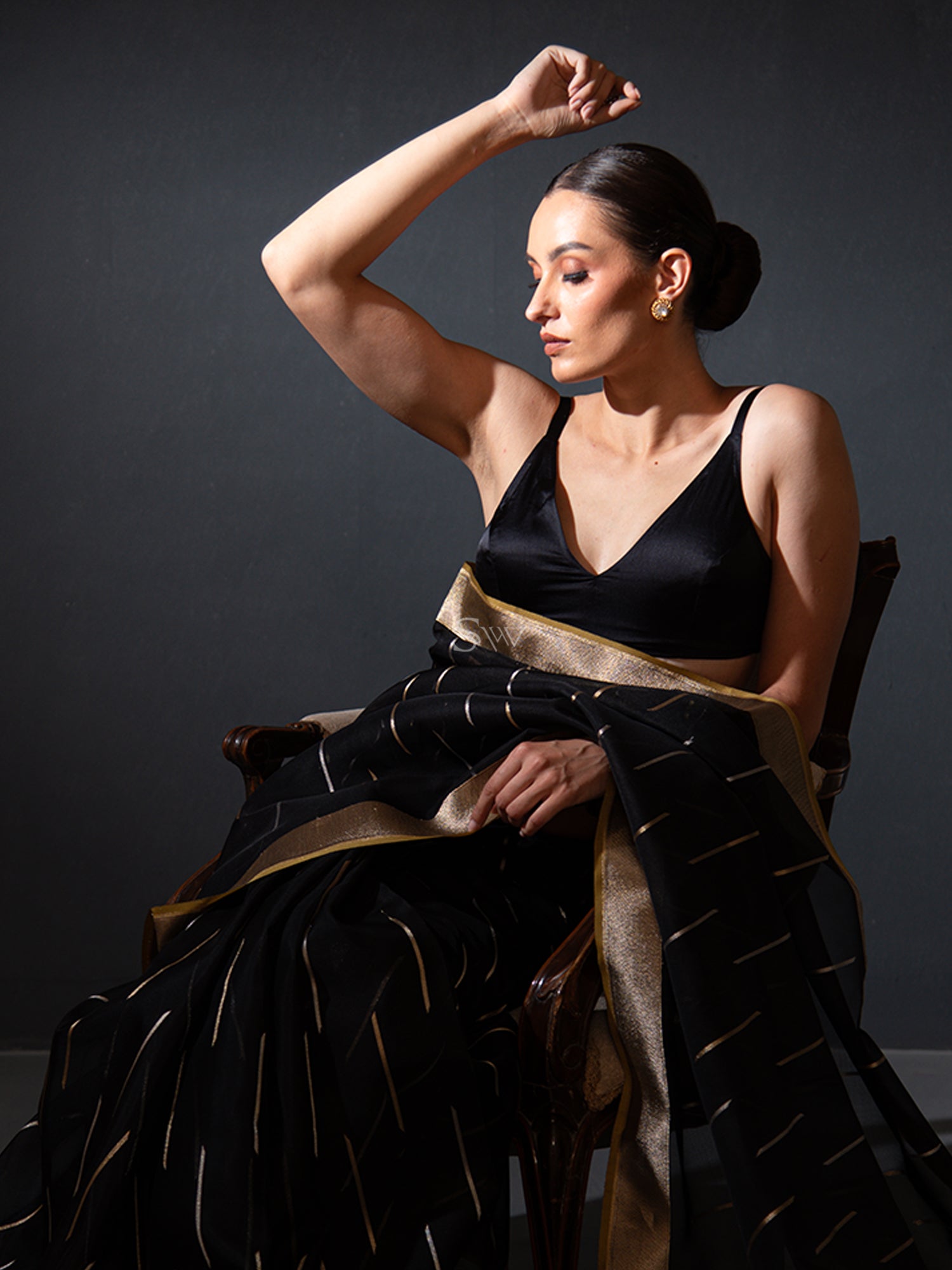 Black Stripe Organza Handloom Banarasi Saree - Sacred Weaves