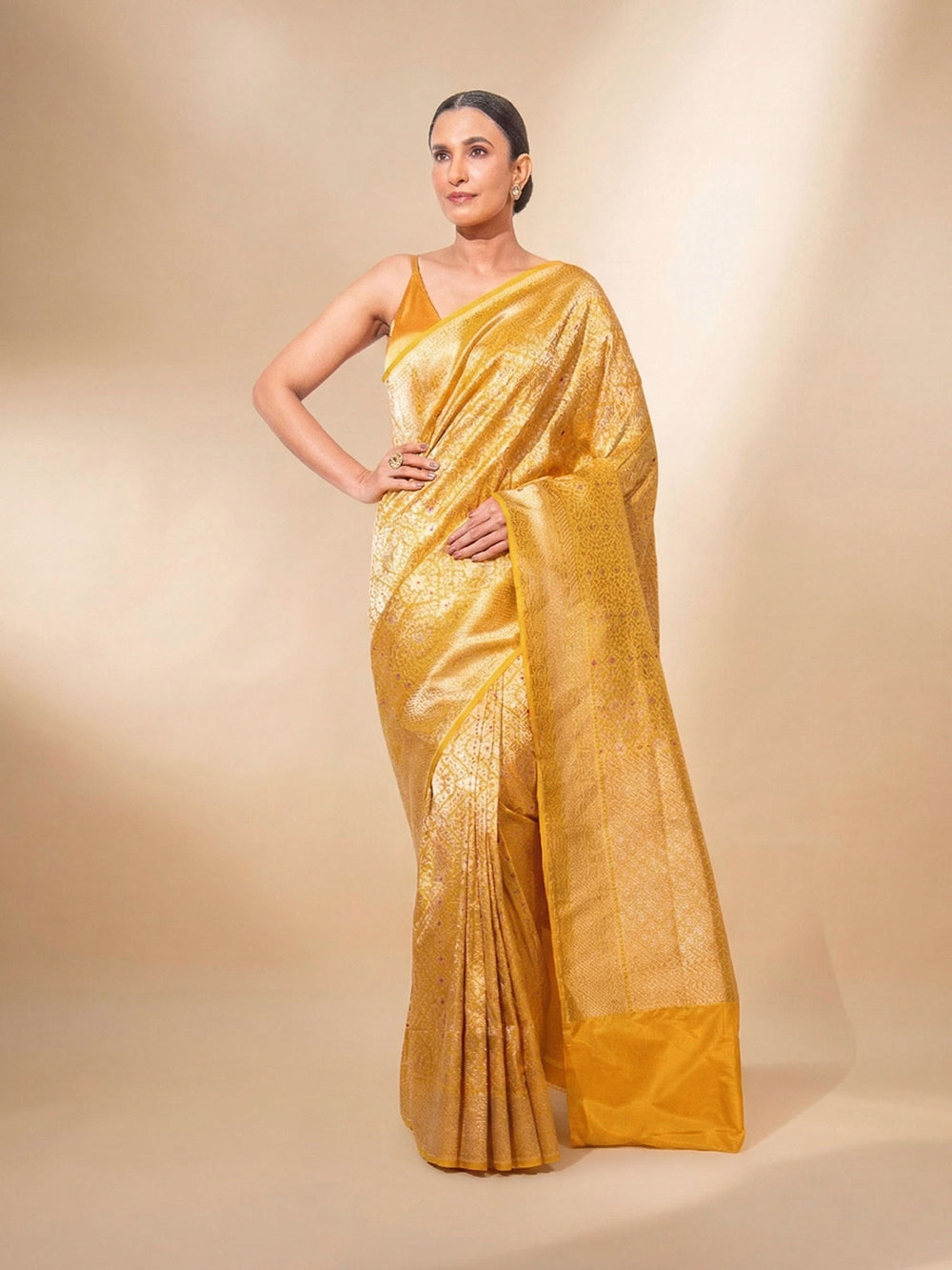 Mustard Meenakari Brocade Handloom Banarasi Saree - Sacred Weaves