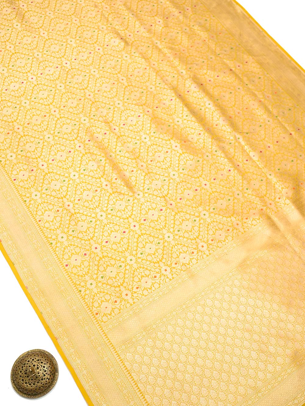 Mustard Meenakari Brocade Handloom Banarasi Saree - Sacred Weaves
