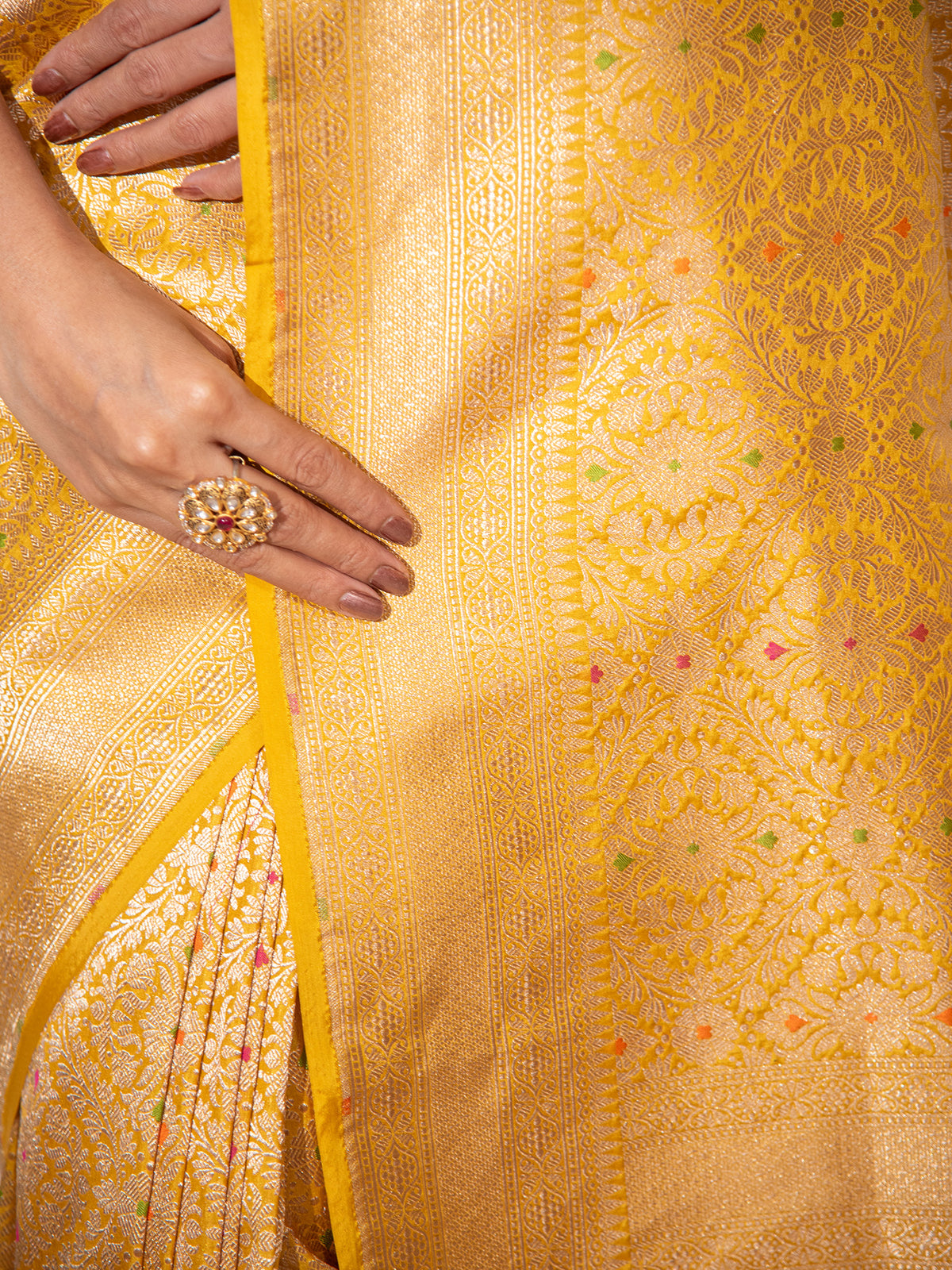 Mustard Meenakari Katan Silk Brocade Handloom Banarasi Saree - Sacred Weaves