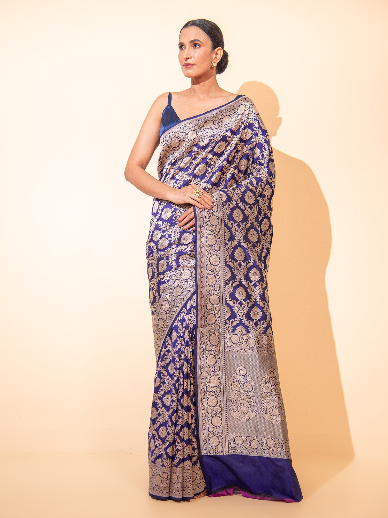 Dark Blue Uppada Katan Silk Handloom Banarasi Saree - Sacred Weaves