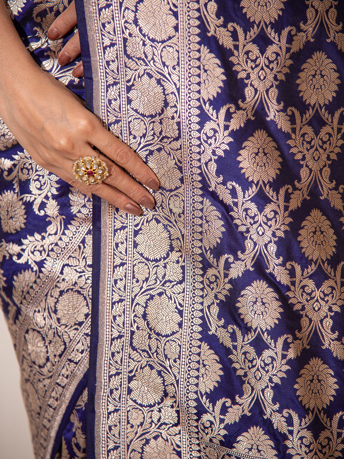 Dark Blue Uppada Katan Silk Handloom Banarasi Saree - Sacred Weaves
