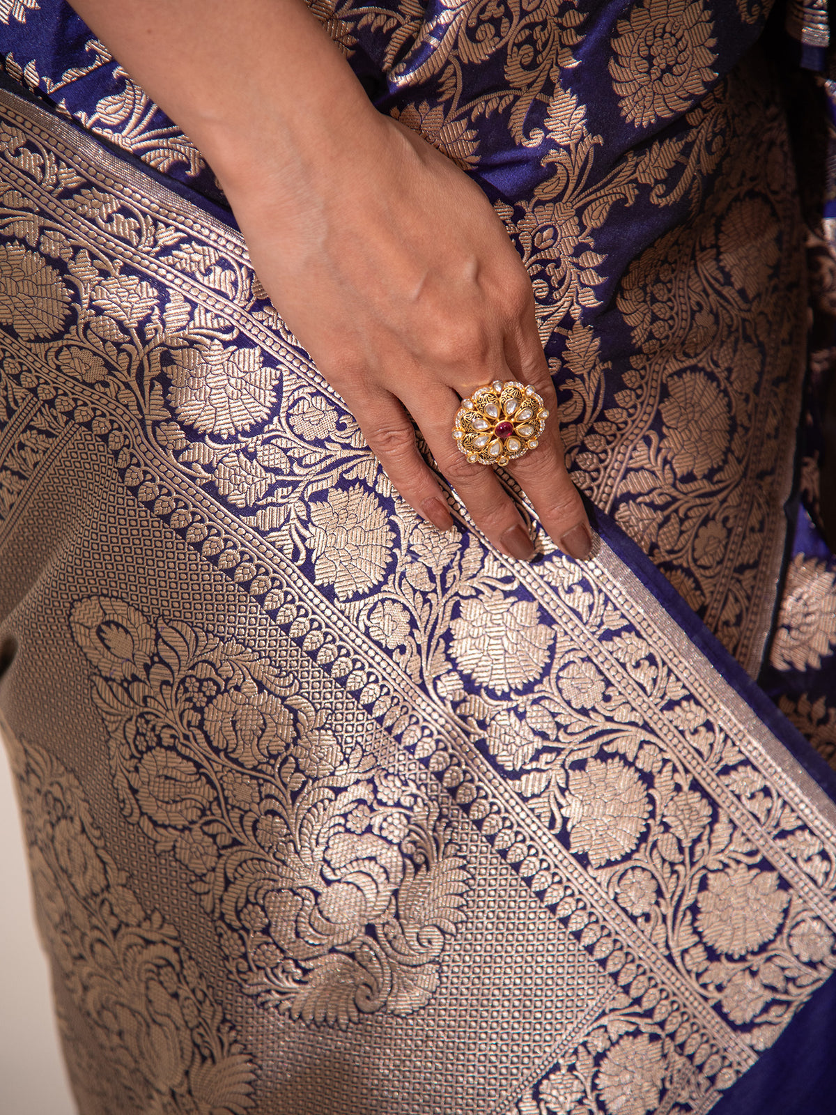Dark Blue Uppada Katan Silk Handloom Banarasi Saree - Sacred Weaves
