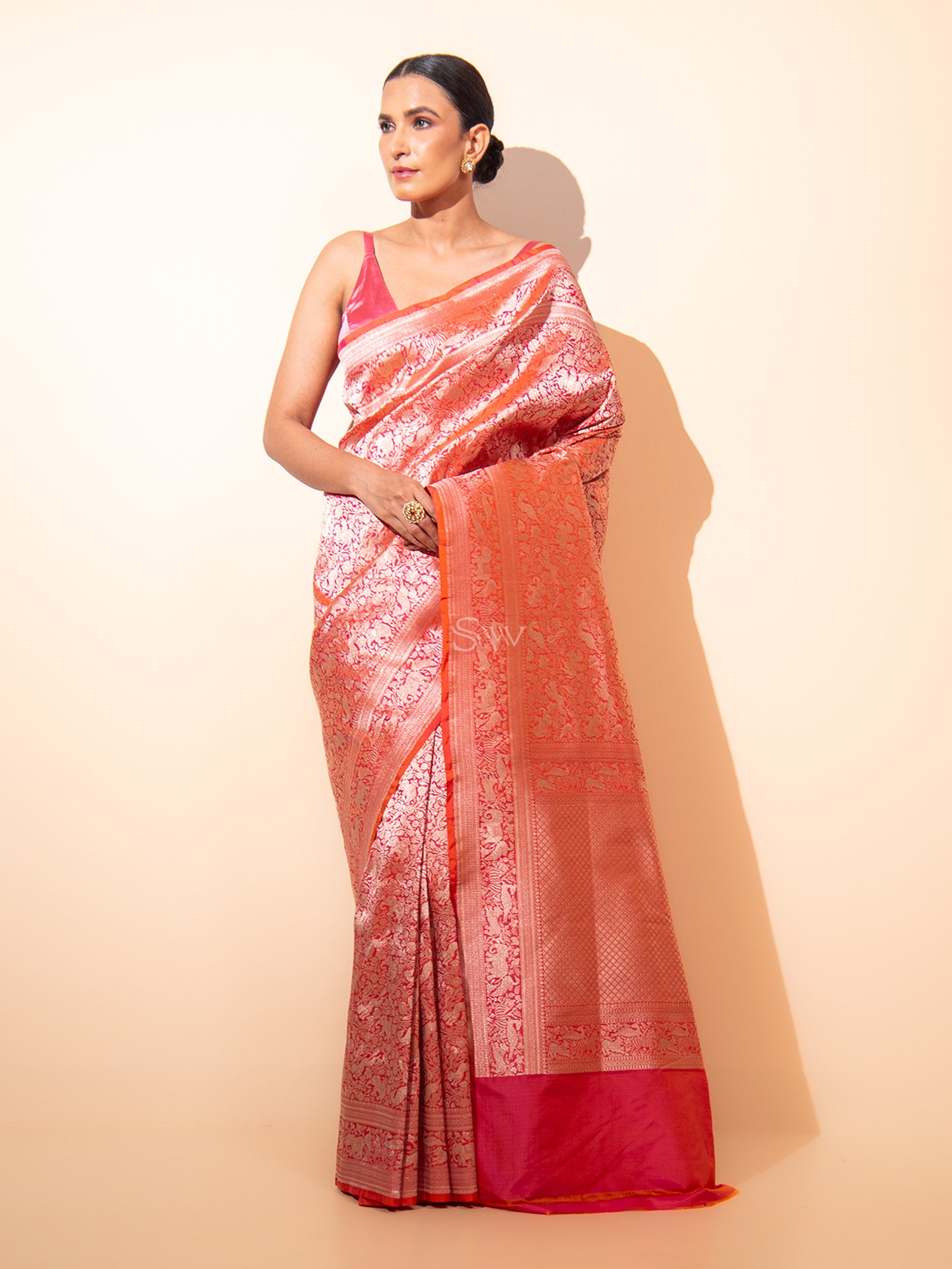 Pink Orange Shikargah Brocade Handloom Banarasi Saree - Sacred Weaves