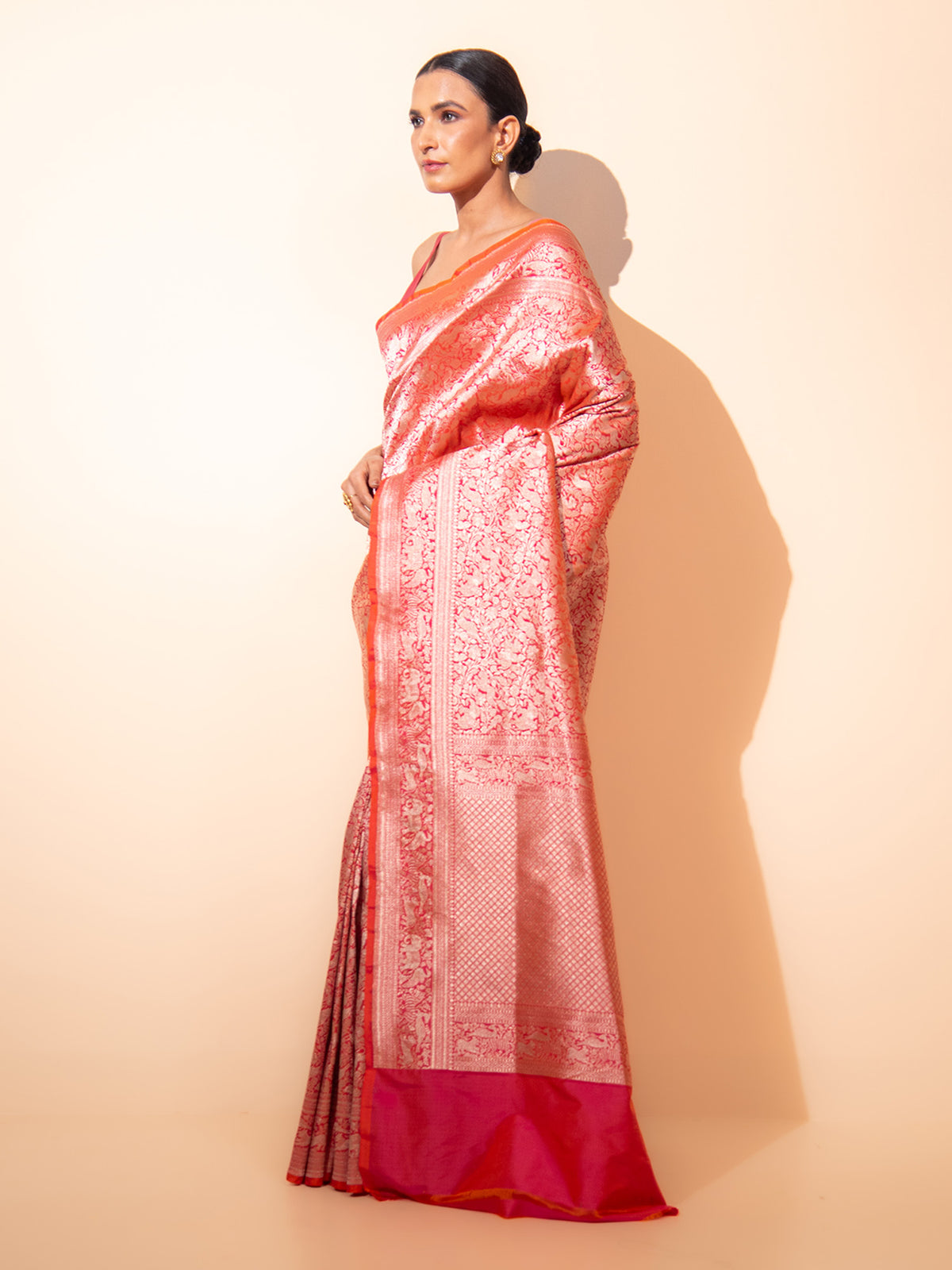 Pink Orange Shikargah Brocade Handloom Banarasi Saree - Sacred Weaves