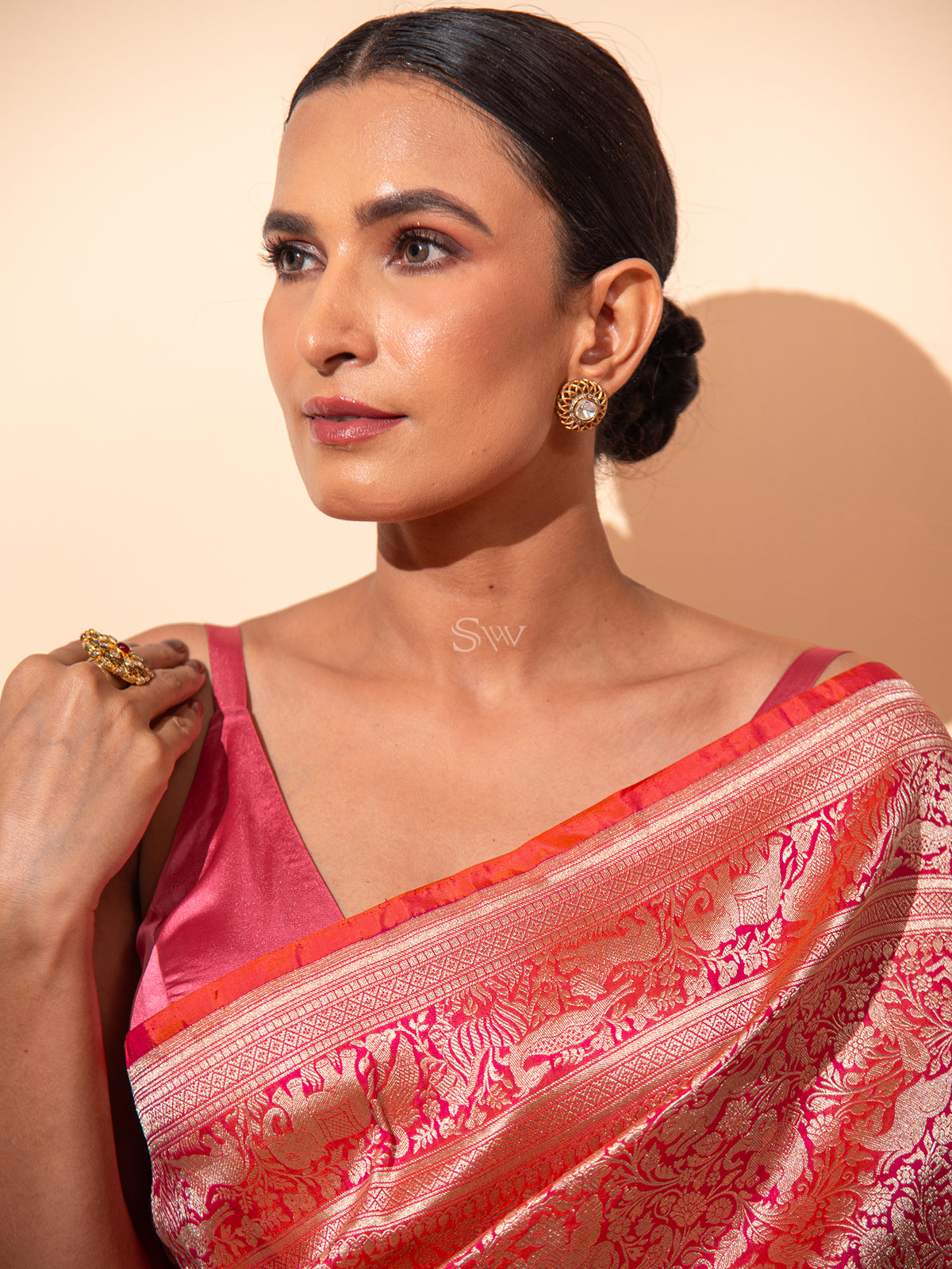 Pink Orange Shikargah Brocade Handloom Banarasi Saree - Sacred Weaves