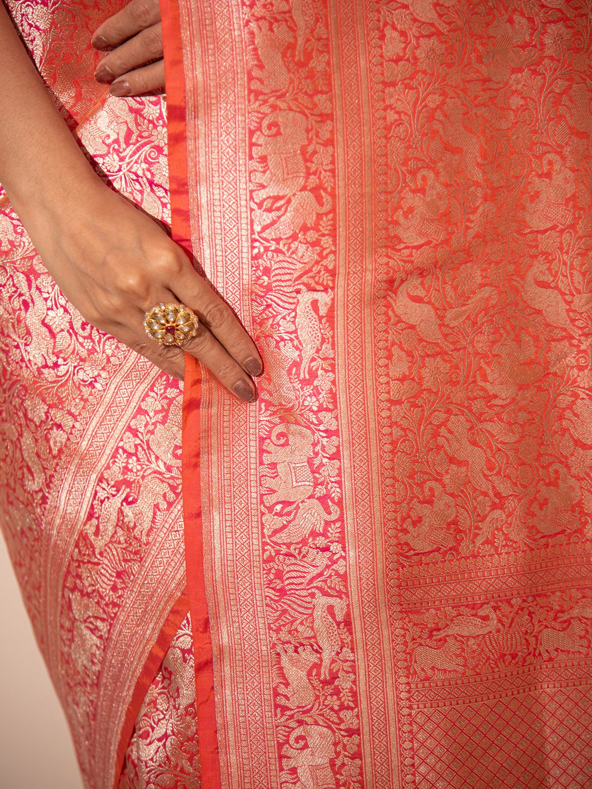 Pink Orange Shikargah Brocade Handloom Banarasi Saree - Sacred Weaves