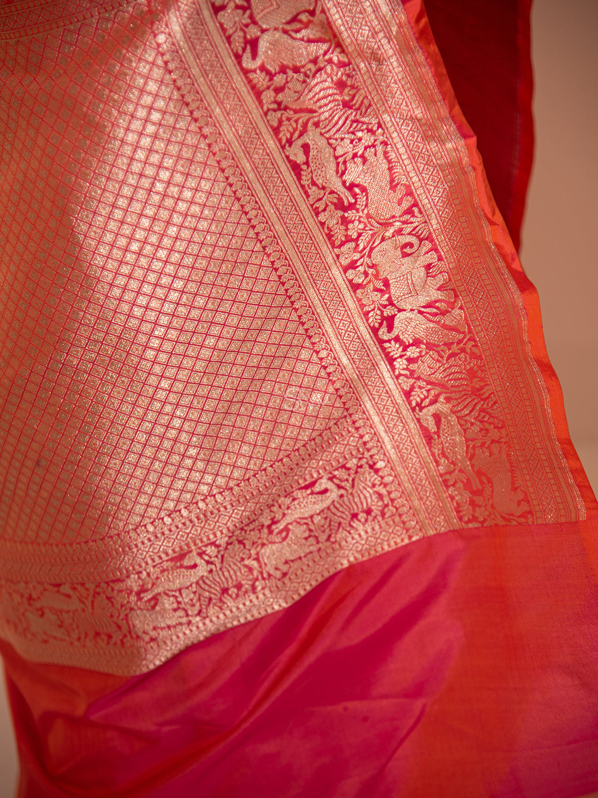 Pink Orange Shikargah Brocade Handloom Banarasi Saree - Sacred Weaves