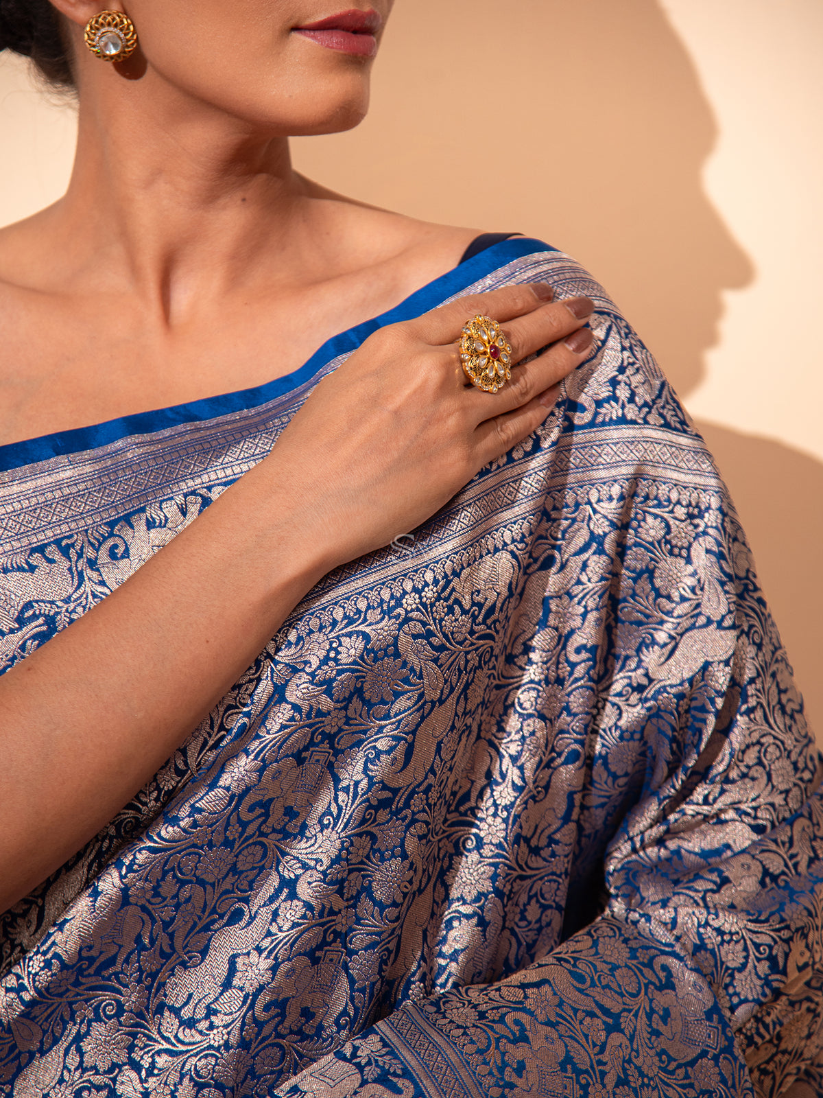 Royal Blue Shikargah Brocade Handloom Banarasi Saree - Sacred Weaves