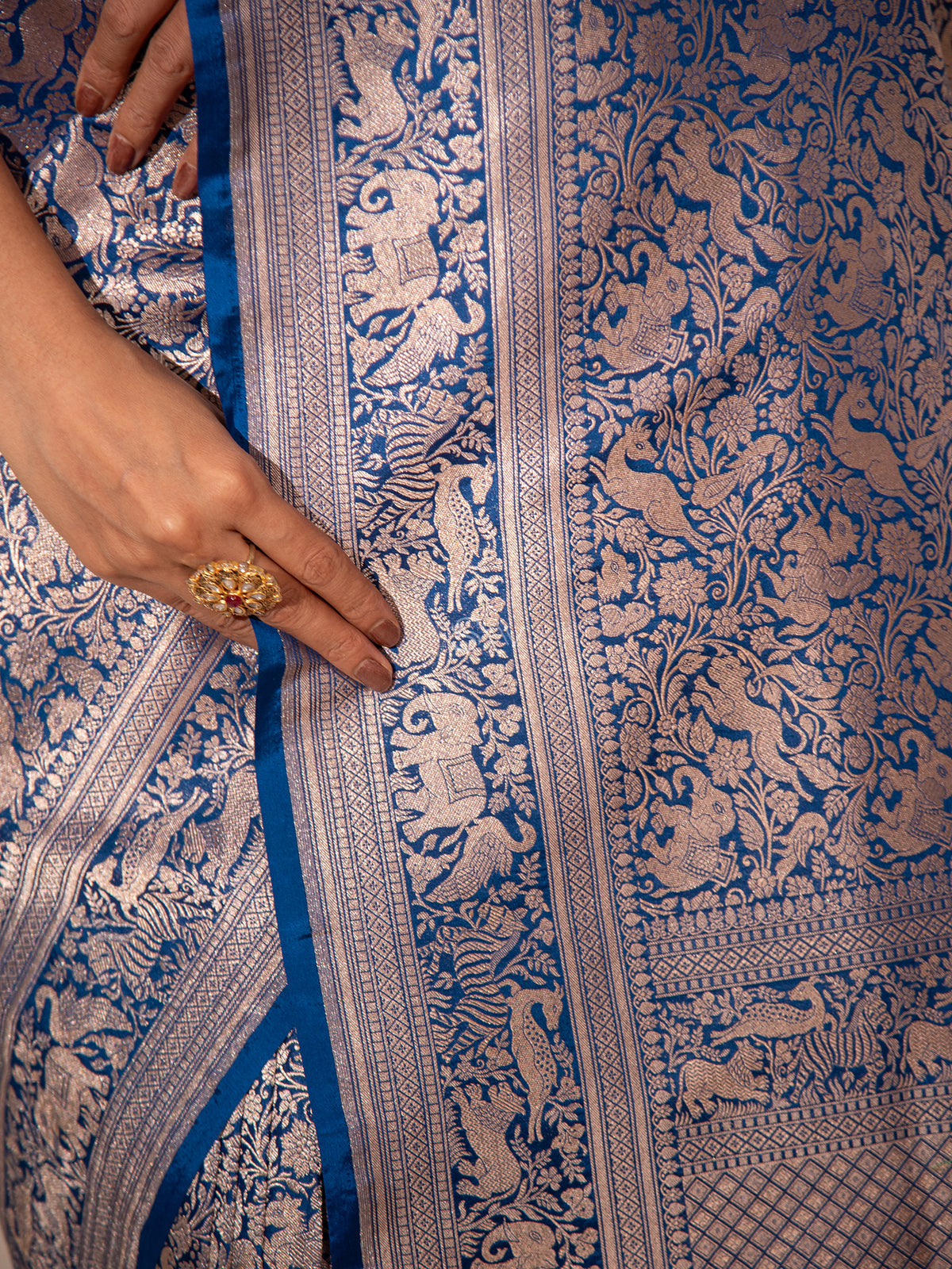 Royal Blue Shikargah Brocade Handloom Banarasi Saree - Sacred Weaves