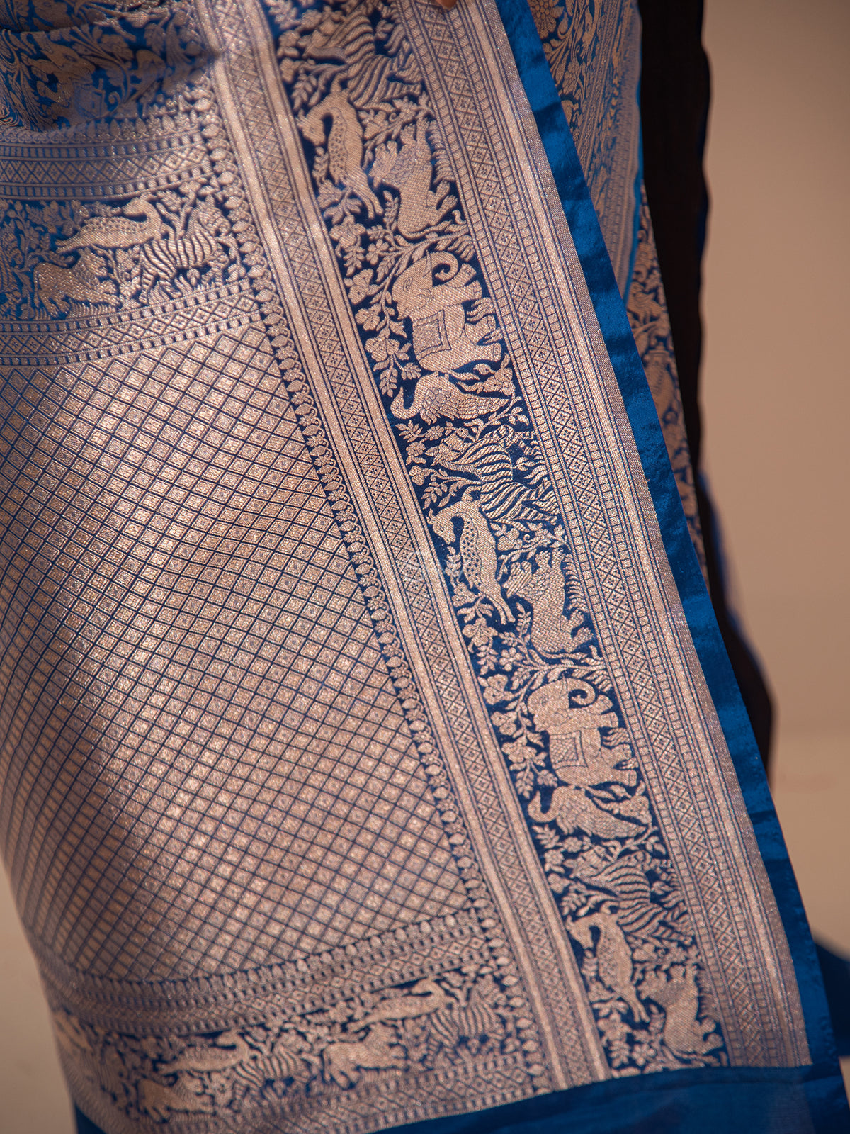 Royal Blue Shikargah Brocade Handloom Banarasi Saree - Sacred Weaves